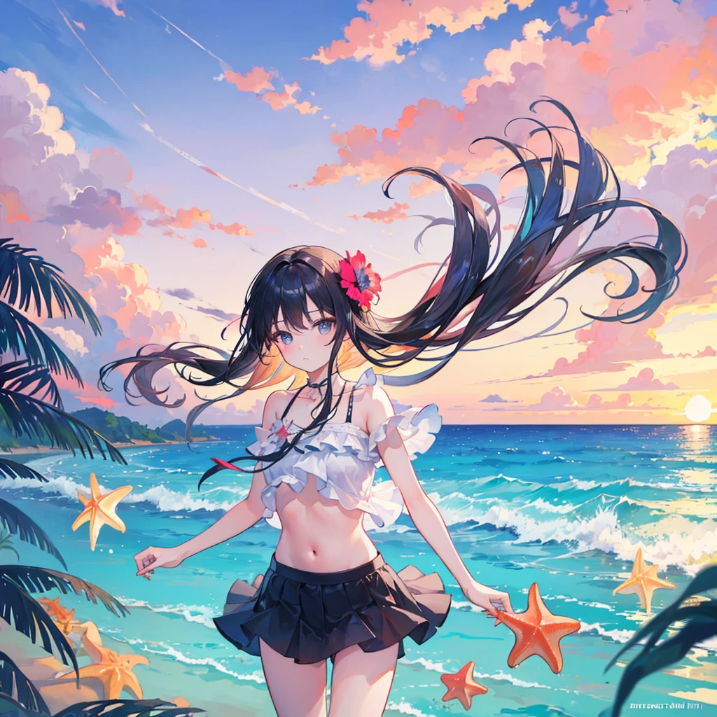 (masterpiece:1.2), (best quality:1.3), Shallow_Sunset, 1 Girl, permanent, cowboy_shooting, straw_have, swimsuit, skirt, shorts, flower, starfish,