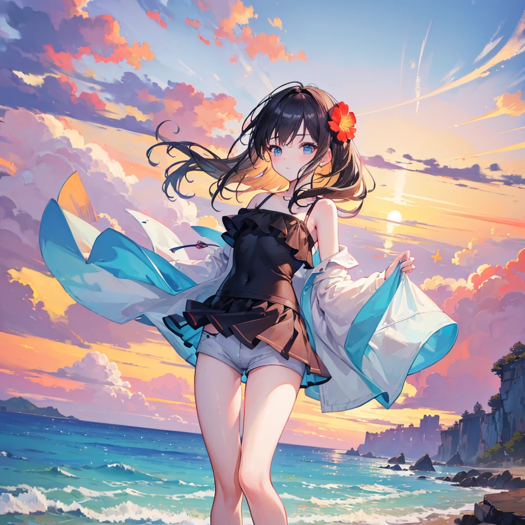 (masterpiece:1.2), (best quality:1.3), Shallow_Sunset, 1 Girl, permanent, cowboy_shooting, straw_have, swimsuit, skirt, shorts, flower, starfish,