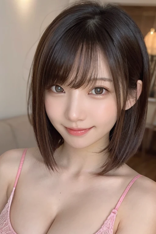 masterpiece、Highest quality、High resolution、Tabletop、wallpaper、Realistic、Bright lighting、Professional Lighting、Face Light、Smooth lighting、Japanese women、Adult、Beautiful woman、action、gravure、sexy、so beautiful、Beautiful Skin、Beautiful and detailed、Detailed face、slim、moderately、short hair、Brunette Hair、Brown eyes、Looking into the camera、smile、Cleavage Information
