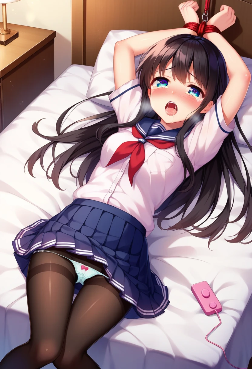 One girl, alone, Long Hair, skirt, Black Hair, underwear, school uniform, pantyhose, Lie in, Seraphim, Iris, black pantyhose, bound, BDSM, bondage、Your pupils are heart-shaped, close your eyes, Tears in my eyes、Open your mouth, What saliva leaves behind, 濡れたskirtの裾, Sticky panties, Bulging of the vibrator cord, Vibrator with Garters, 