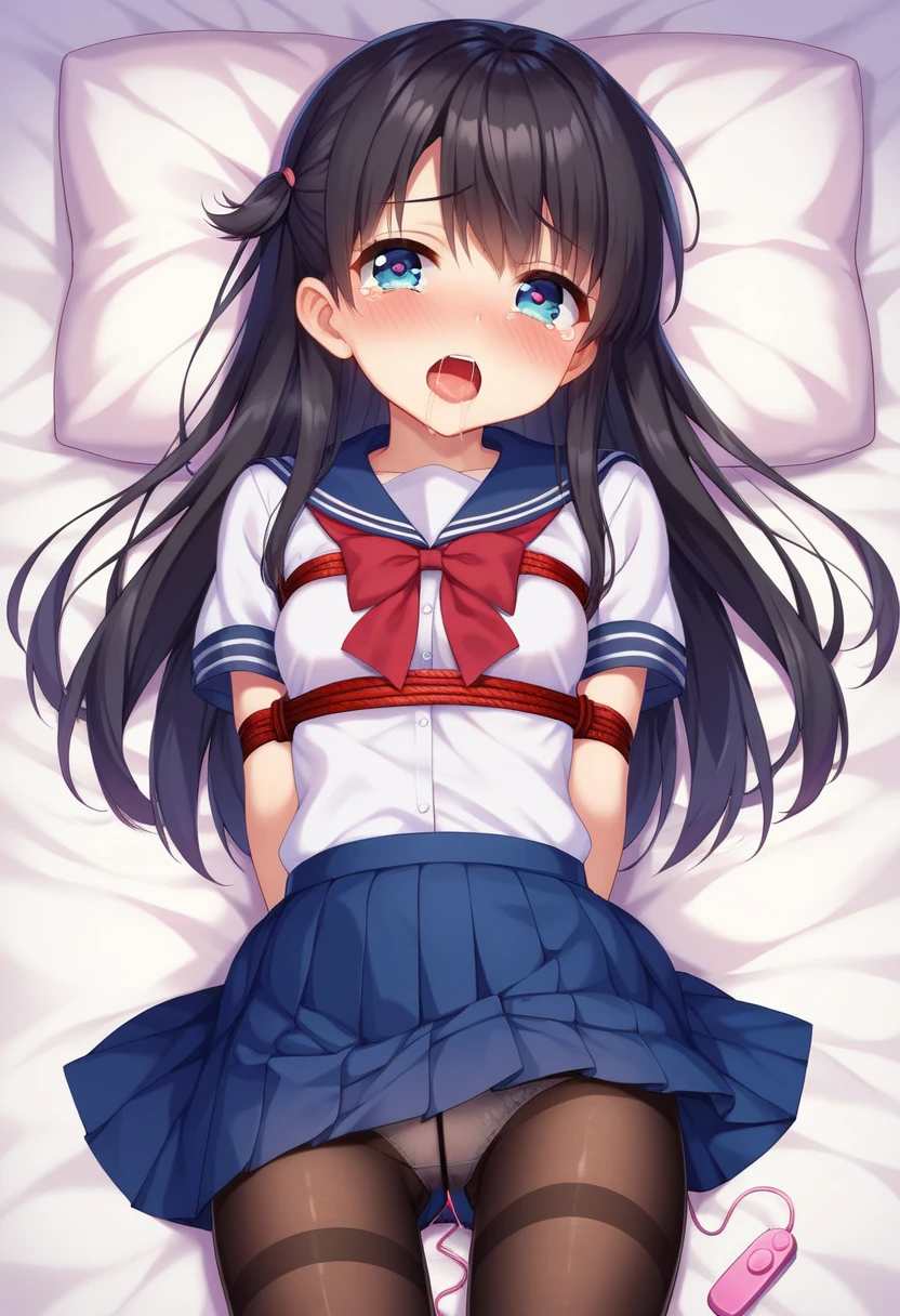 One girl, alone, Long Hair, skirt, Black Hair, underwear, school uniform, pantyhose, Lie in, Seraphim, Iris, black pantyhose, bound, BDSM, bondage、Your pupils are heart-shaped, close your eyes, Tears in my eyes、Open your mouth, What saliva leaves behind, 濡れたskirtの裾, Sticky panties, Bulging of the vibrator cord, Vibrator with Garters,