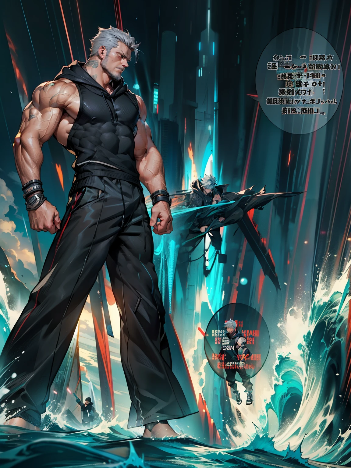 1boys, 26 Years old, Serious face, (((muscular))), ((black sleeveless sweater, hoodie)), black pants, gray hair, standing in ocean, storm weather,