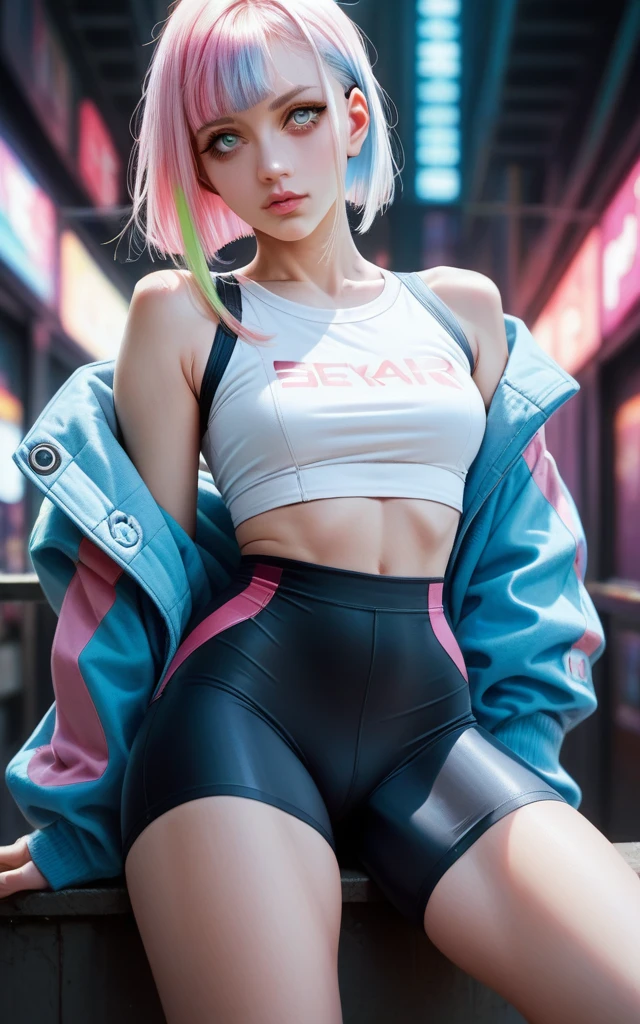 Lucy \(cyberpunk\), masterpiece, High detail, 8k, 1girl, multicolored eyes, multicolored hair, pink lips, parted bangs, bike shorts, cyberpunk \(series\)