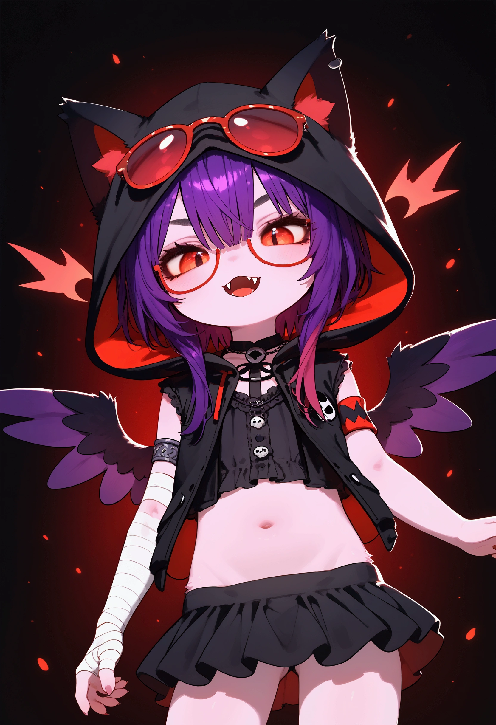 Fluffy girl, young, One, purple hair, spiky hairstyle, spiky hair on the sides, emo girl, Red eyes, two-tone fur on the body, pink body fur, clear pink body fur, , One wings on back, fangs, ((red glasses, black hood on head, black vest, open clothes, black and purple ruffled bikini, mini skirt, arm bandages)), detailed face, detailed body fur, detailed body, detailed eyes, shiny body, shiny body, :3, cheeky face, standing, perfect lighting, perfect shadows, преRed eyes, perfect hair, perfect face, gorgeous body, feet with three toes, whole body, The Dark Tower, night sky, One,