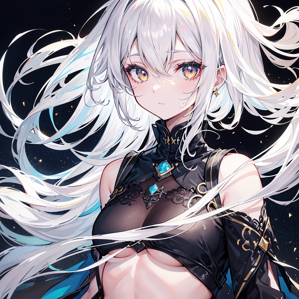 mksks-style, 1 Girl, Lovely, Surrounded by lights, Golden Eyes, White hair, black background, close up, No smile, masterpiece, Extremely detailed