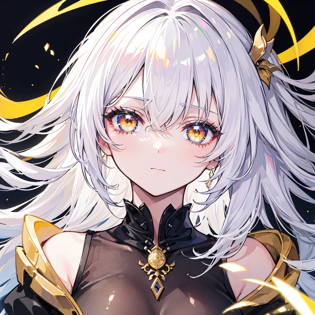 mksks-style, 1 Girl, Lovely, Surrounded by lights, Golden Eyes, White hair, black background, close up, No smile, masterpiece, Extremely detailed