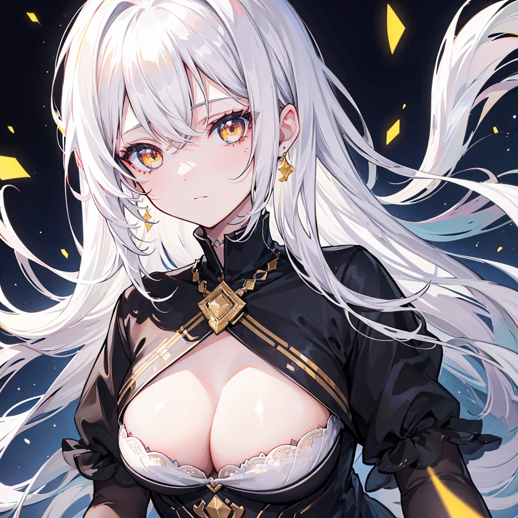 mksks-style, 1 Girl, Lovely, Surrounded by lights, Golden Eyes, White hair, black background, close up, No smile, masterpiece, Extremely detailed