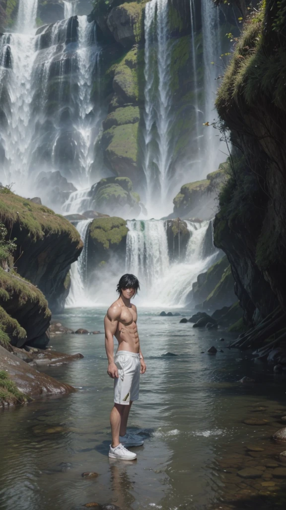 high resolution, ultra realistic and artistic, akira style, person in more modern and elegant attire, most muscular man, bright coloured, wearing no shirt, man and nature, stronger colors, White sneakers, looking at the waterfall