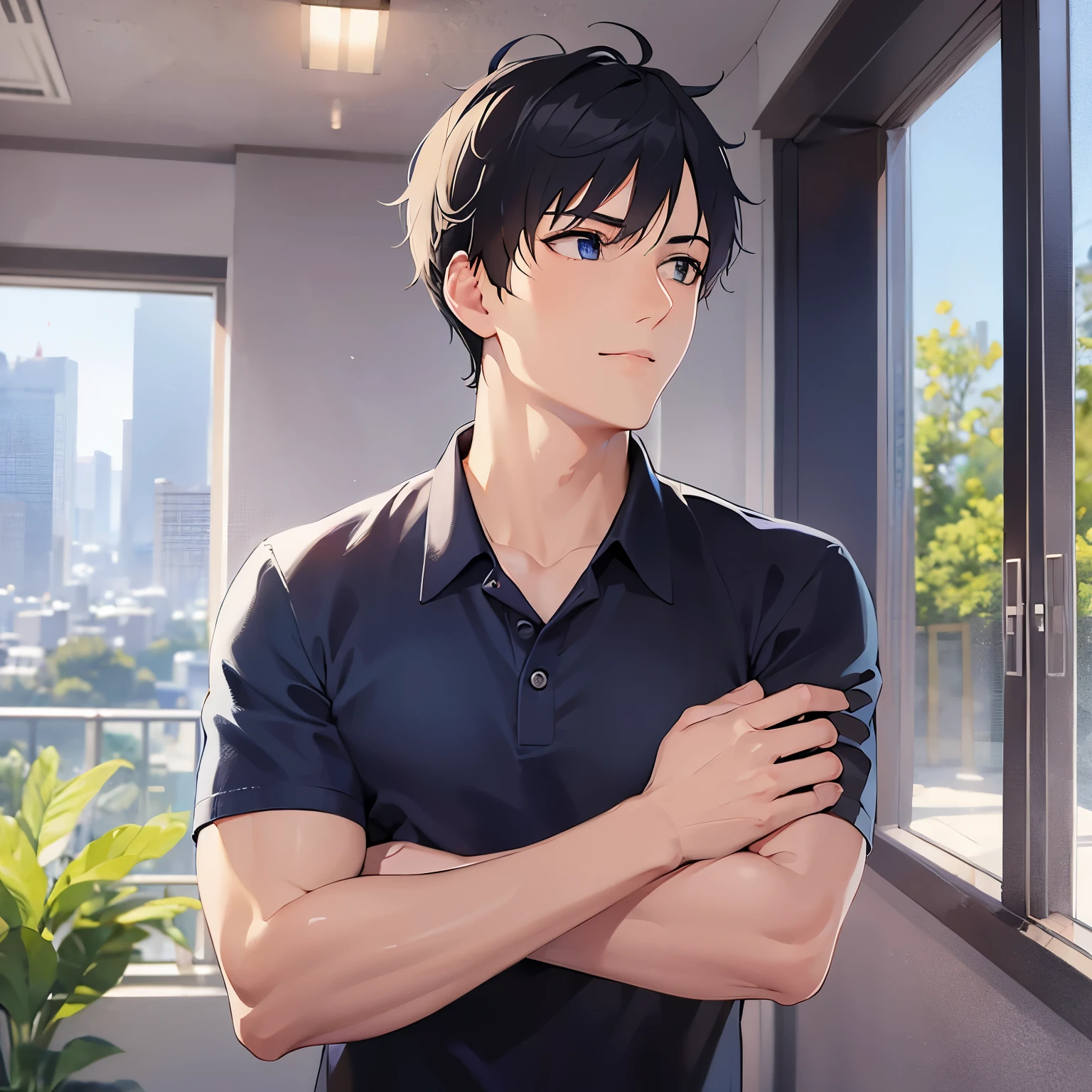 (looking away:1.5),upper body、Side shot、profile、
shiny skin, masterpiece、Highest quality、
(25-year-old male:1.3) and (Black short hair) and (blue eyes),
(navy collared shirt)
smile,The background is the classroom、blue sky、window、(alone:1.5)