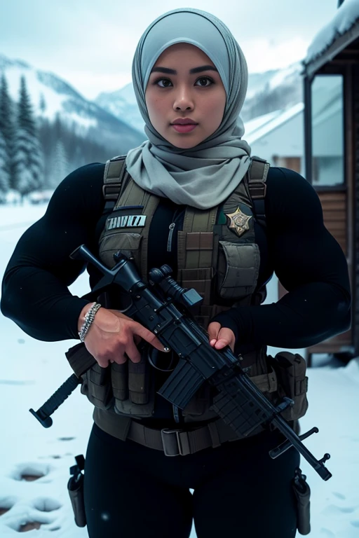 Photorealistic, high resolution, 1 malay woman in hijab, Solo, Hips up, Snow background,view the viewer, (Detailed face), White hijab, SWAT vests, sniper rifle handle, Black military uniform, bulletproof vest, Holding an assault rifle, M16, Inside the city, Very detailed, Perfect face, Black eye, jewelry