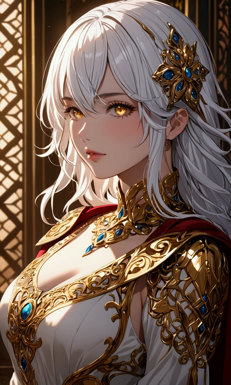 ((Masterpiece)) ((best quality)) ((ultra-detailed )) ((ultra sharp)) ((4k)).A girl with white hair and golden eyes with an aesthetic build.