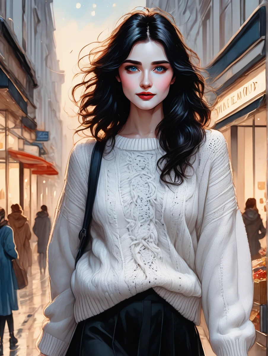 masterpiece, best quality, 1 woman, solo, black wavy hair, blue eyes, looking at viewer, white sweater, black skirt, long black boots, watercolor illustration. cartoon,she is shopping.