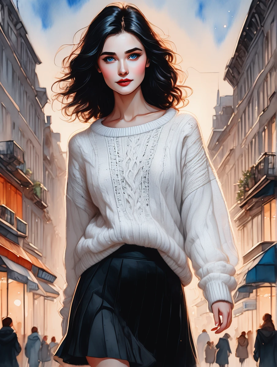 masterpiece, best quality, 1 woman, solo, black wavy hair, blue eyes, looking at viewer, white sweater, black skirt, long black boots, watercolor illustration. cartoon,she is shopping.