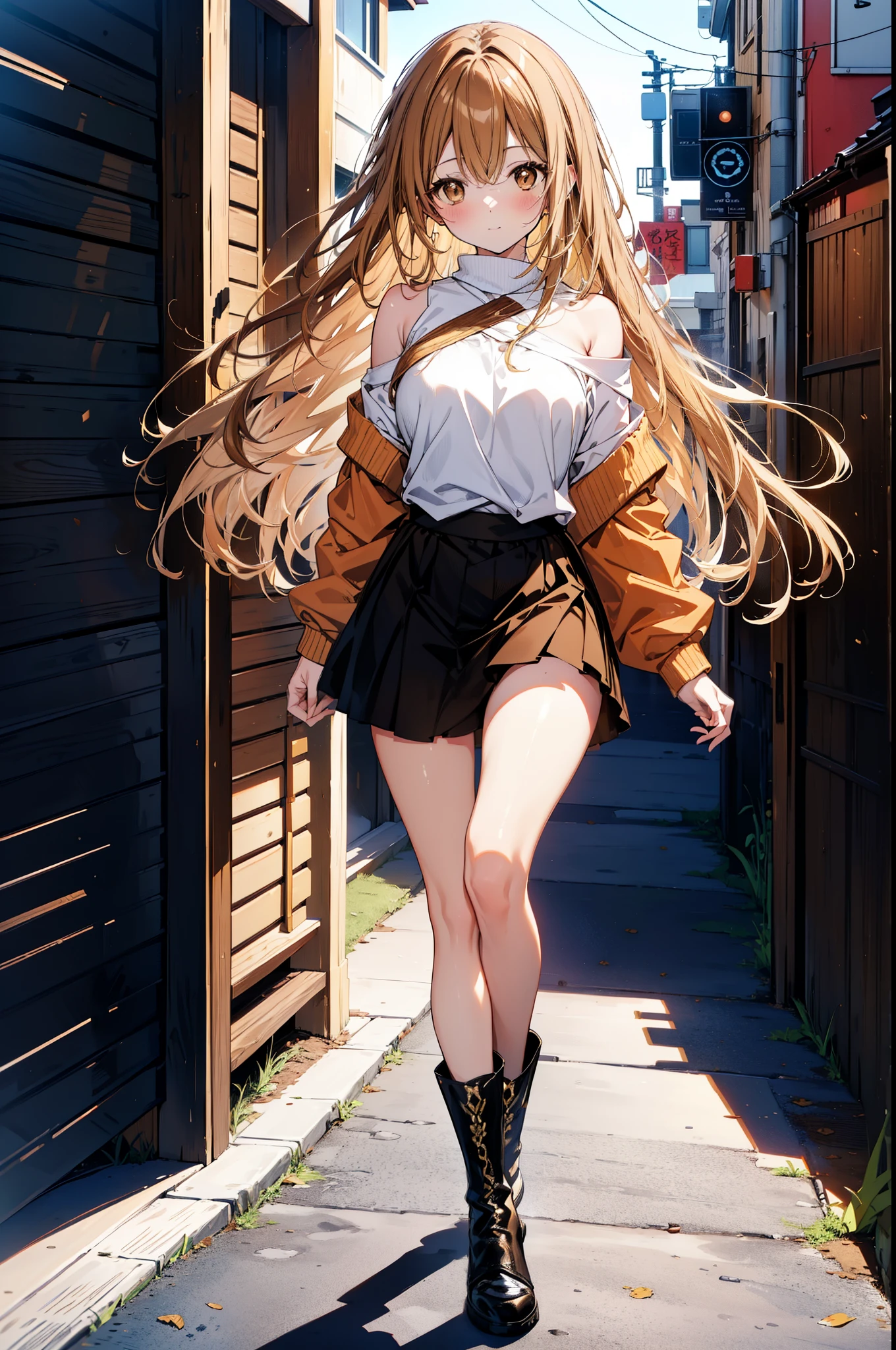 a sun ayuuki, a sun a yuuki, Long Hair, Brown Hair, (Brown eyes:1.8),smile,blush,Red one-shoulder sweater,mini skirt,Black pantyhose,short boots,Daytime,Clear skies,Walking,whole bodyがイラストに入るように,
break outdoors, Building district,
break looking at viewer, whole body,
break (masterpiece:1.2), Highest quality, High resolution, unity 8k wallpaper, (figure:0.8), (Beautiful attention to detail:1.6), Highly detailed face, Perfect lighting, Highly detailed CG, (Perfect hands, Perfect Anatomy),