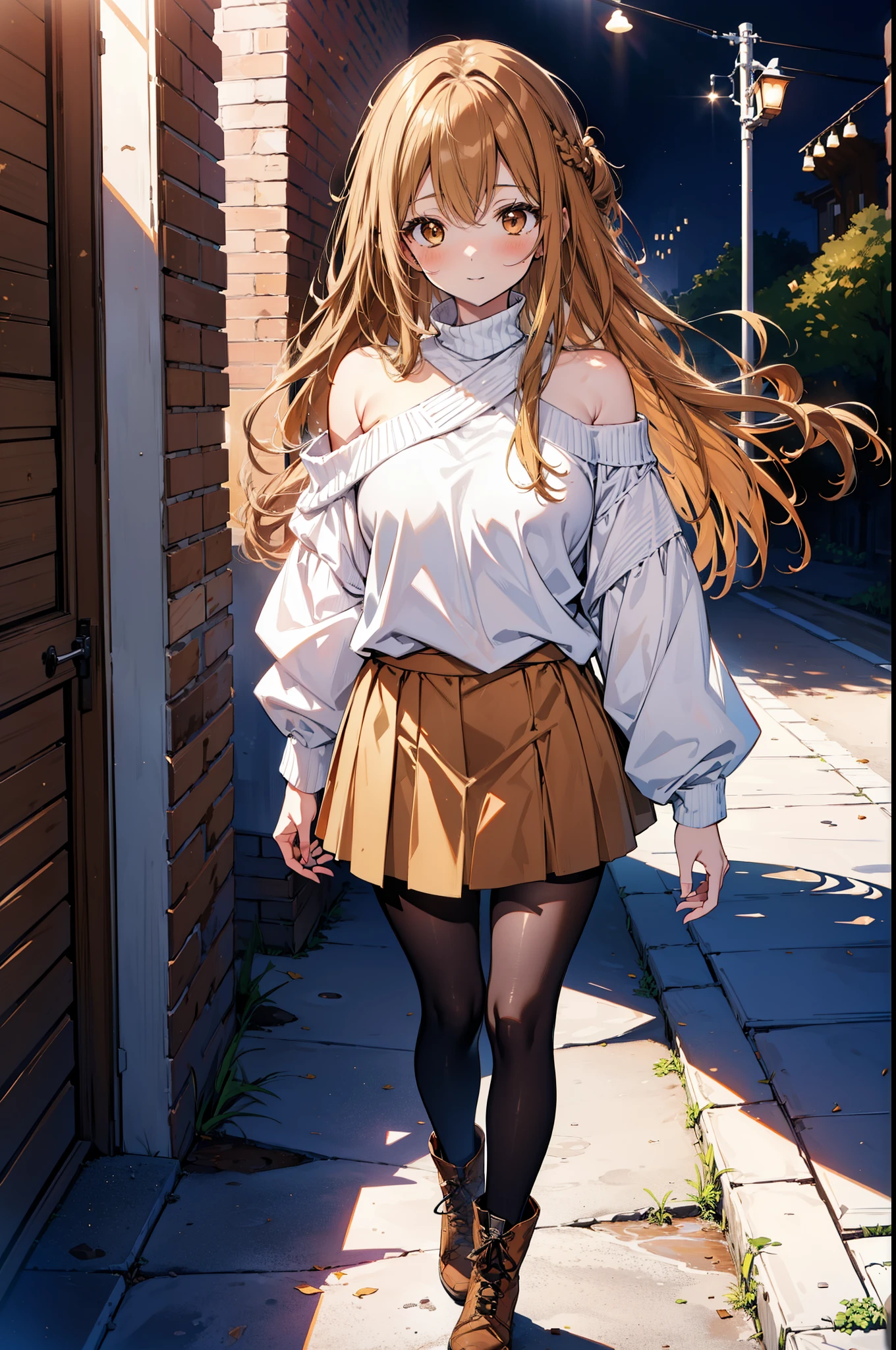 a sun ayuuki, a sun a yuuki, Long Hair, Brown Hair, (Brown eyes:1.8),smile,blush,Red one-shoulder sweater,mini skirt,Black pantyhose,short boots,Daytime,Clear skies,Walking,whole bodyがイラストに入るように,
break outdoors, Building district,
break looking at viewer, whole body,
break (masterpiece:1.2), Highest quality, High resolution, unity 8k wallpaper, (figure:0.8), (Beautiful attention to detail:1.6), Highly detailed face, Perfect lighting, Highly detailed CG, (Perfect hands, Perfect Anatomy),