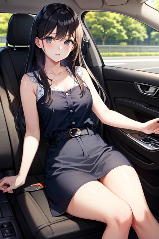 ((Highest quality)), ((masterpiece)), (detailed), Photo from outside the car、Woman sitting in car、The car door is open、Take photos from a distance、