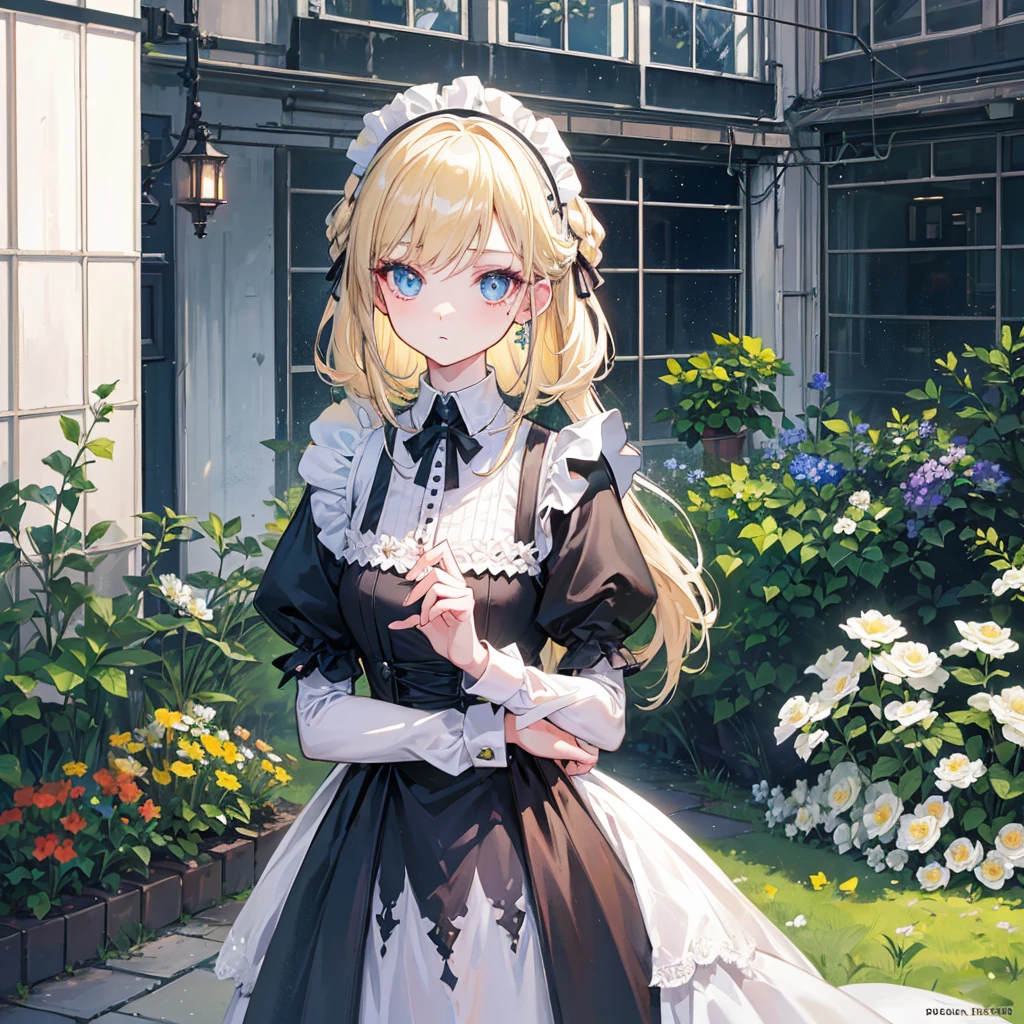 ((Flower Type)), (), (1 Girl), (((Solitary))), (Practical:1.5), Light Particles, Light, Victorian Era, (Best Illustration), photoPractical, Octane Rendering, 8K, Neon lights, Flying Cars, Delicate face, Delicate eyes, ((maid)), maid headband, Long braids, Very long hair, Blonde Hair, blue eyes, (Sharp eyeliner, Eyeshadow, Delicate eyes:1.1), (ulzzang-6500), Model pose, (permanent), (outdoor), at Midday, Public area, indoors, (Green house in the background), Breaking down the G36  