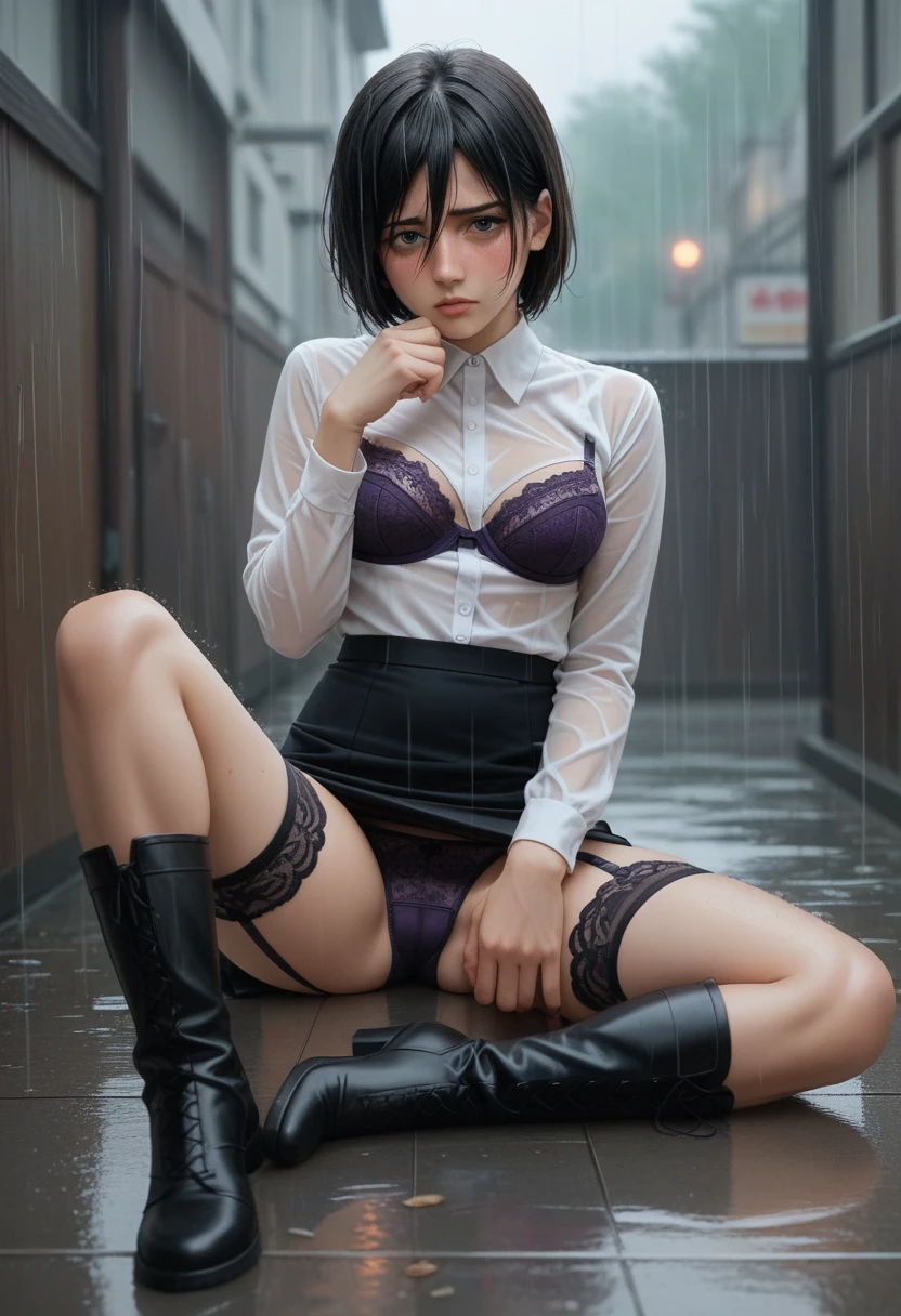 1 girl, Mikasa Ackerman, long black hair, under the rain, shy, blush, white long sleeve shirt, braless, transparent, lace purple bra, short skirt, garter belt, lace black stockings, spread legs, lace purple panties, long black boots, perfect feet, perfect body, perfect legs, perfect arms, perfect hands, Whole body. sitting on the floor, face resting on knees