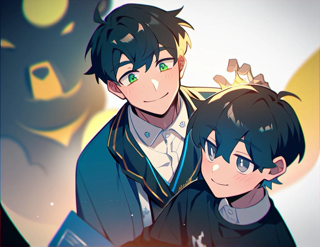 2 young men, focus man , Yaoi, pair, 1 daughter, 2 twin sons, portable princess, bear, look elsewhere, smile, short hair, black hair, green eyes, black hair, gray eyes , The best aesthetics , best quality, Amazing quality, The best aesthetics, nonsense,bright
