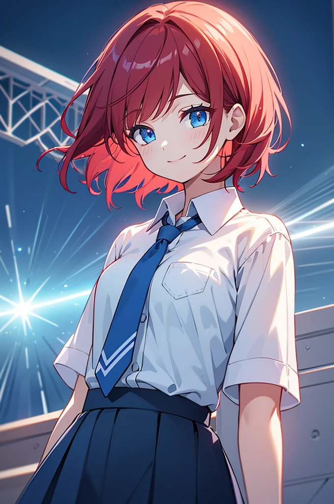 1girl, Short hair, medium size, red hair color, Blue eyes, She wears school clothes, a white shirt, a blue skirt, and a blue tie, smile, light smile, anime, cinematic lighting, first-person view, UHD, 4K,The eye gate is clear,White background