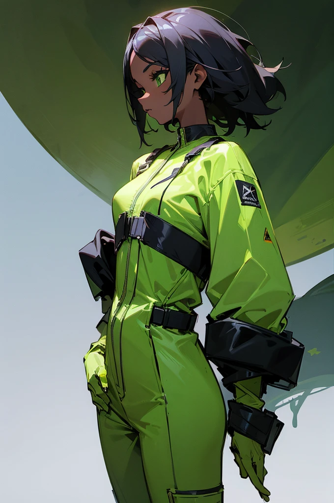 Female,black skin, Green eyes, jumpsuit