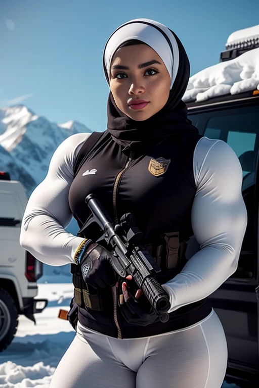Photorealistic, high resolution, 1 malay woman in hijab, Solo, Hips up, Snow background,view the viewer, (Detailed face), White hijab, SWAT vests, sniper rifle handle, Black military uniform, bulletproof vest, Holding an assault rifle, M16, Inside the city, Very detailed, Perfect face, Black eye, jewelry
