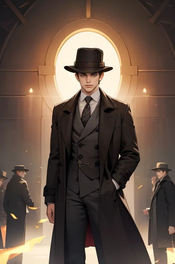 masterpiece, best quality, realistic, 1man, mature male, quiet and charming young man, 25 years old, close his eyes, serious look, extremely detailed face, ((dark grey eyes)), ((short-right-swept dark brown hair)), [thick eyebrows], detective, ((Dressed in a classic overcoat and fedora hat)), cinematic lighting, looking at the audience, posture dynamics, Victorian era