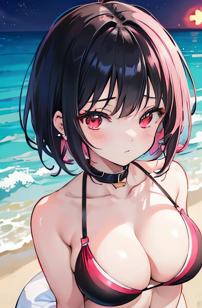 Anime, girl, teenage, hime-cut, short hair, black hair, red eyes, cool, earrings, night, highlights pink under hair, big boob, sexy-cute, full-bodied, summer on the beach, bikini,