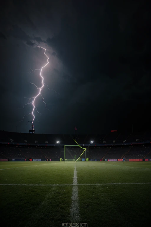 Pelouse de football dans un brouillard mystérieux, lightning in the sky and leather soccer ball with neon effect.