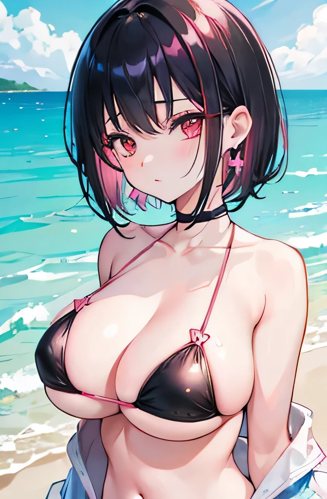 Anime, girl, teenage, hime-cut, short hair, black hair, red eyes, cool, earrings, night, highlights pink under hair, big boob, sexy-cute, full-bodied, summer on the beach, bikini,