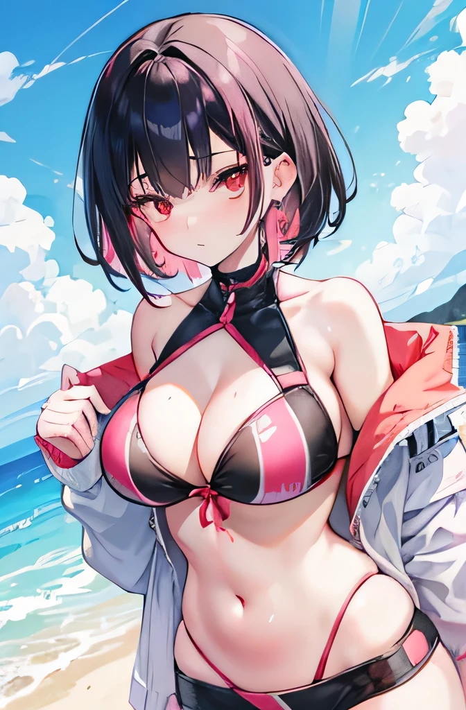Anime, girl, age, hime-cut, short hair, black hair, red eyes, cool, earrings, night, highlights pink under hair, big boob, sexy-cute, full-bodied, summer on the beach, bikini,