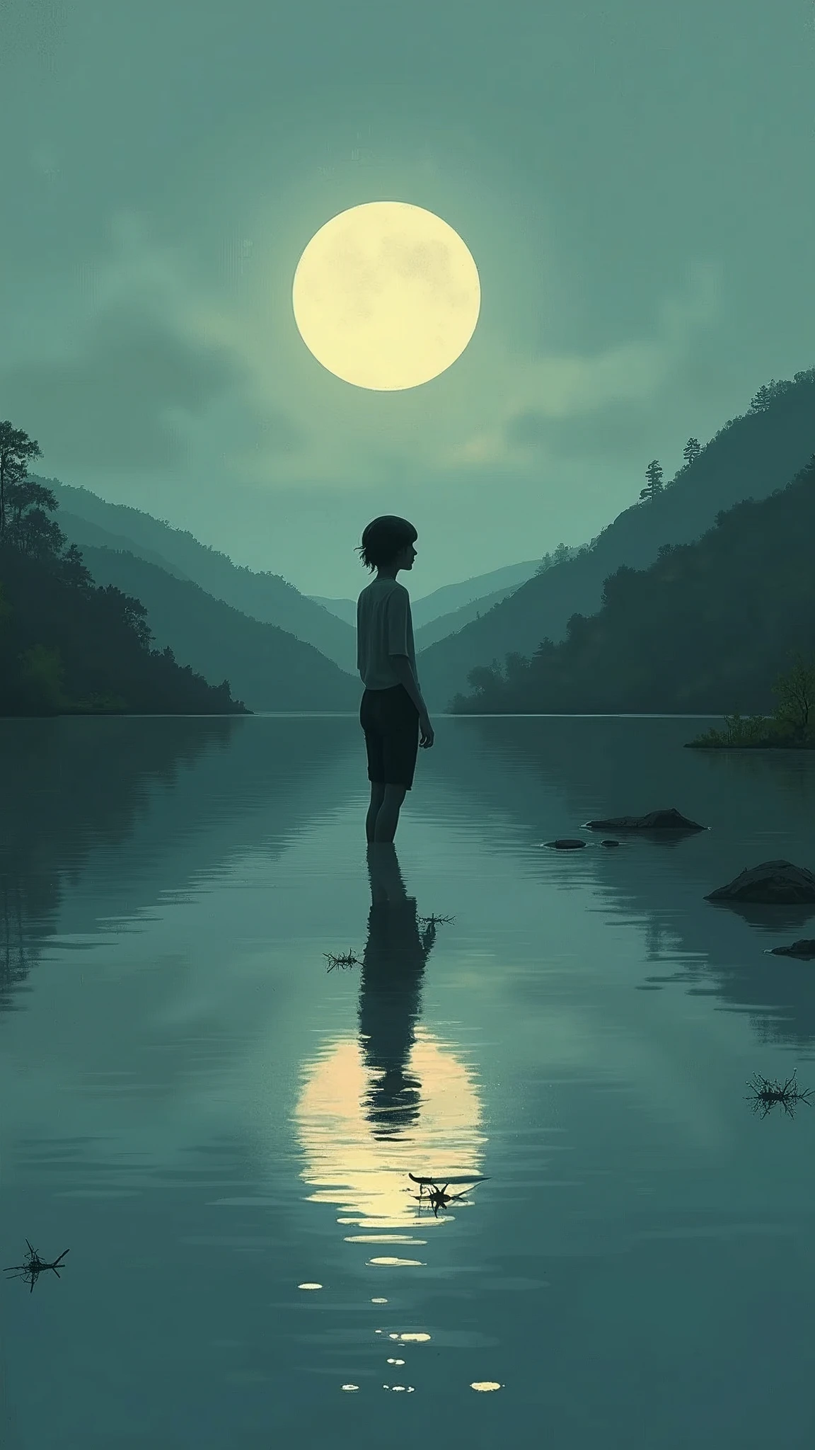 Two people standing under a full moon, one leaning in to whisper a confession, their faces softly illuminated by the moonlight