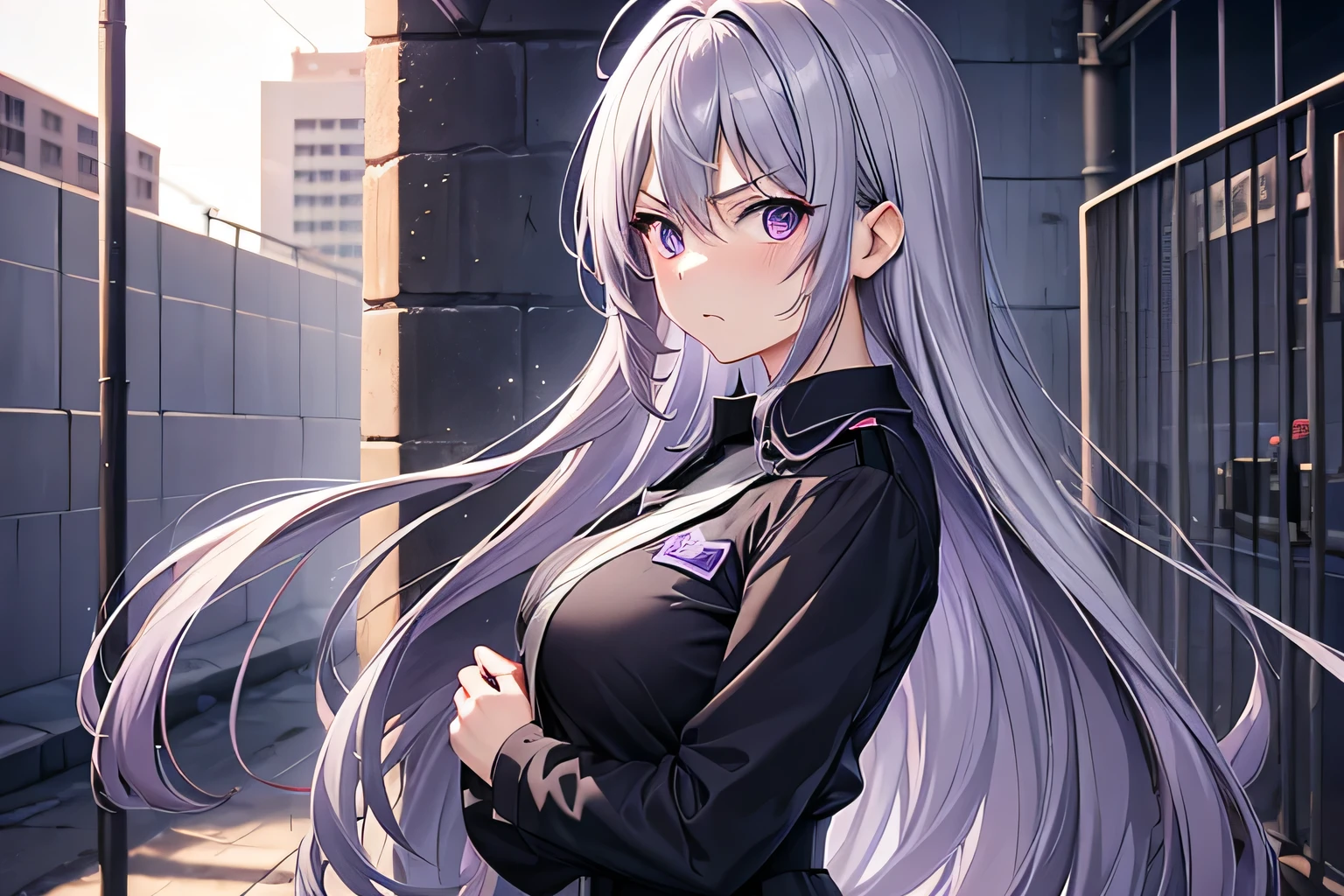 One Adult Anime Girl 2d Long Hair Loose light Purple-Grayish, Age Adulthood adult, angry, leader, brave, ropa de policía, jail background, white Scleriotica