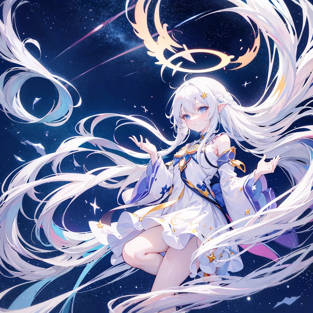 anime girl with long white hair and a Star in her hair, White-haired deity, Anime girl with cosmic long hair, Star(Sky) Starry_Sky, Cute girl anime visual, Ink art anime loli, White halo, White hair girl, Ethereal Anime, akasuki voidStar, Heavenly Spirit, Night Core, Anime cute art style