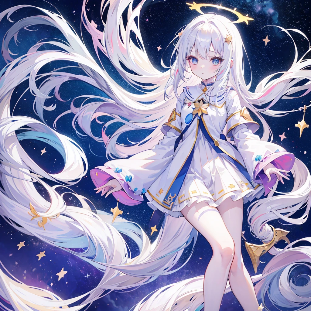 anime girl with long white hair and a Star in her hair, White-haired deity, Anime girl with cosmic long hair, Star(Sky) Starry_Sky, Cute girl anime visual, Ink art anime , White halo, White hair girl, Ethereal Anime, akasuki voidStar, Heavenly Spirit, Night Core, Anime cute art style