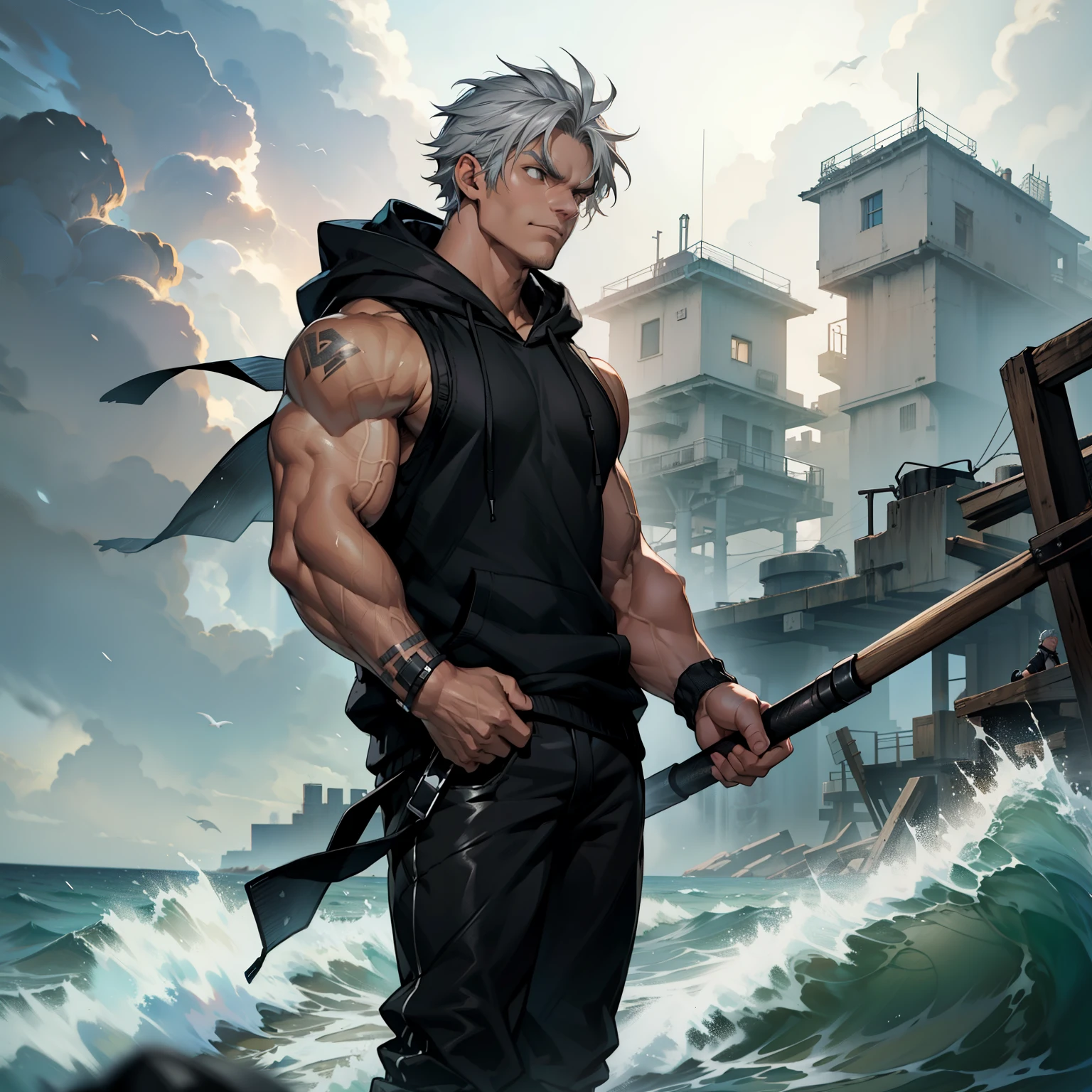 1boys, 26 Years old, Serious face, (((muscular))), ((black sleeveless sweater, hoodie)), black pants, gray hair, standing in ocean, storm weather,