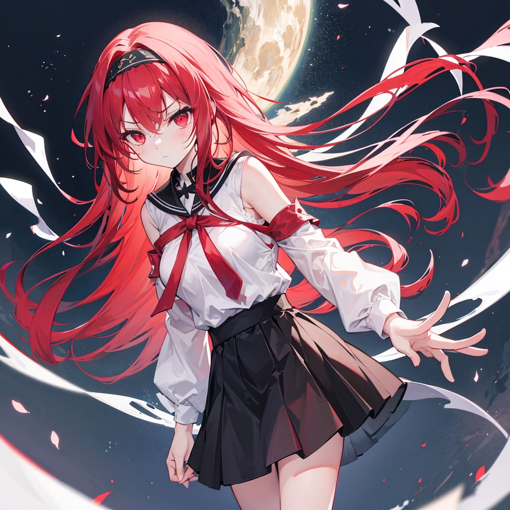 Eris Greyrat, 1 Girl, Solitary, Long hair, Ahog, Red Eyes, Red hair, Bare shoulders,Headband, Cross your arms,blush, skirt, black Headband, breast, Separate sleeves,Bangs, Hair between the eyes, Long sleeve, Hair flap, Shut up, black skirt, brown skirt, shirt, crossed Bangs, very Long hair, white shirt,biocenosis,Pointing at oneself,call out,angry, 