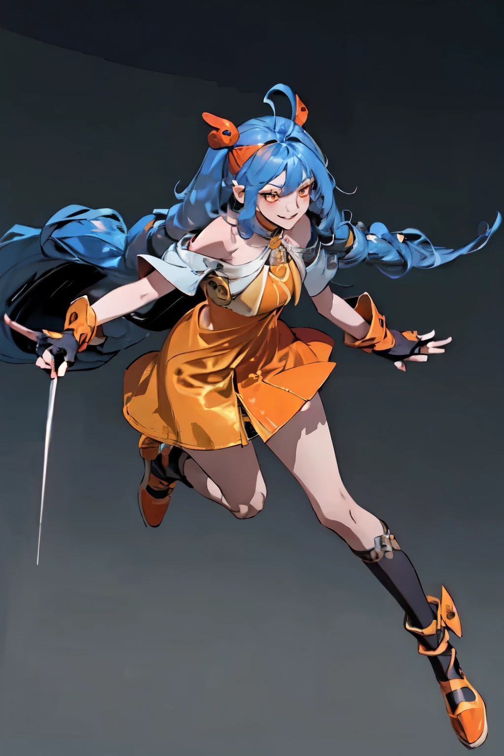 (masterpiece, best quality:1.2), 1girl, solo , emel , blue hair , long hair , hair bangs  , bare shoulder , orange dress , ahoge ,   smirk , sharp teeth , fangs , attacking , fighting stance , taunting , thigh , ducking , fingerless glove , shoes ,  , houses , , 