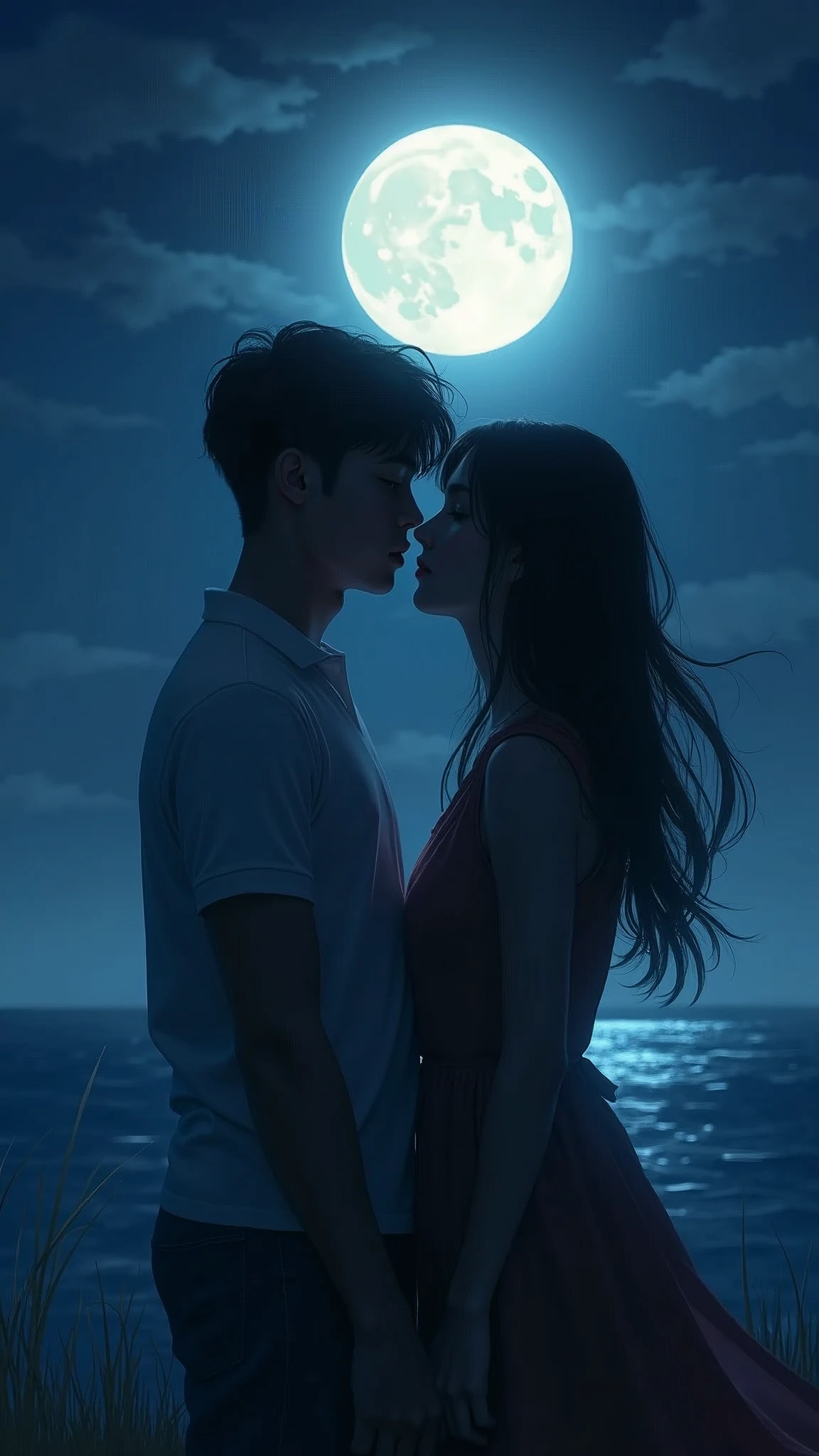 Two people standing under a full moon, one leaning in to whisper a confession, their faces softly illuminated by the moonlight