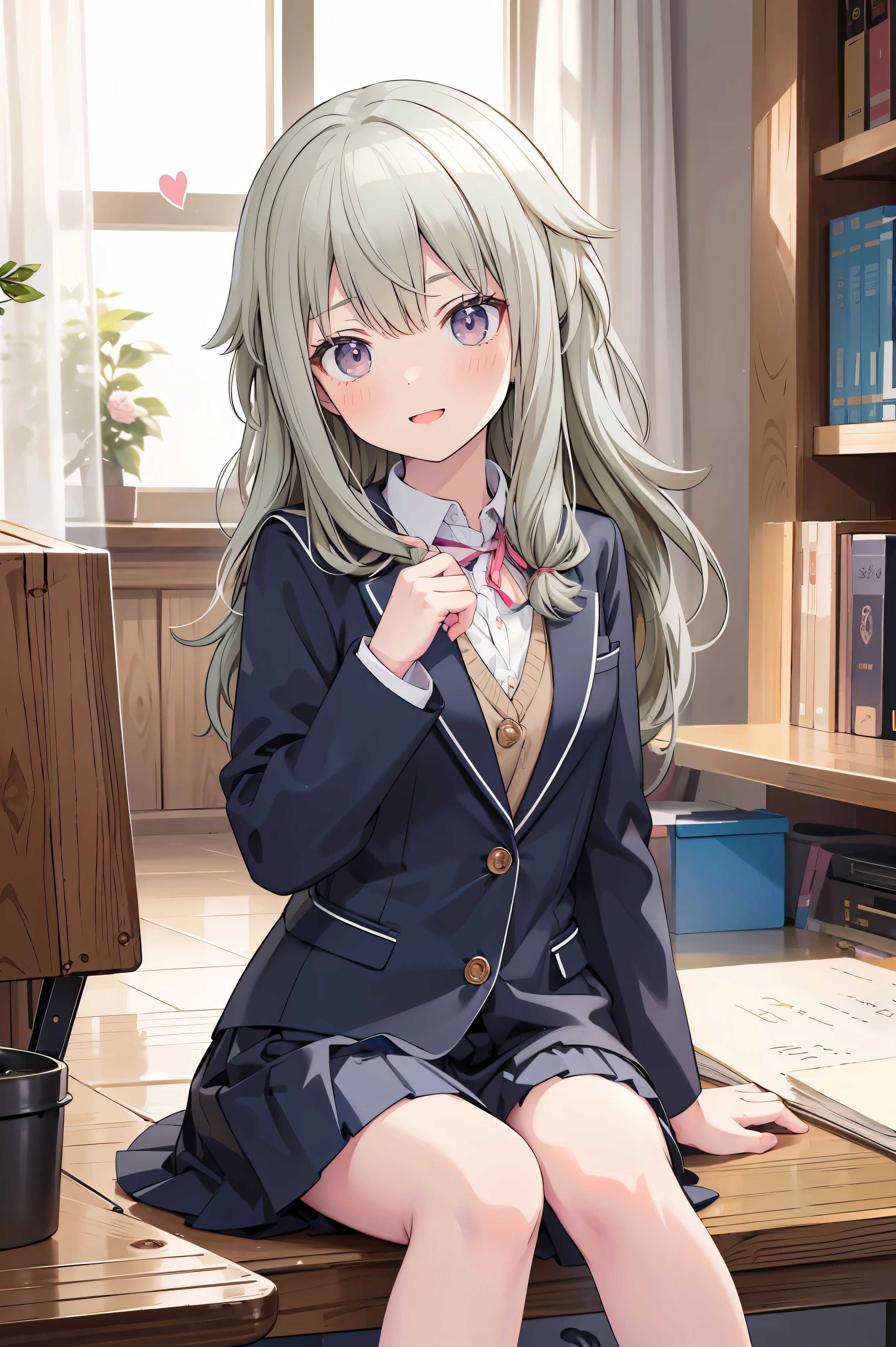 (8k, 最high quality)、Ultra-high resolution、adorable、最high quality, beautiful, (((Absurd beauty)))、masterpiece、Best image quality、(Front facing)、good feeling、smile,Face the camera、Delicate eyes、smile、Small face、girl、1 person、masterpiece, Most detailed、school uniform、blazer、high quality、♡、heart、Shiny Hair、Very fine and beautiful bright eyes、Medium chest、nose blush、Very detailed, clear and beautiful face, Awards, (Anatomically correct)
