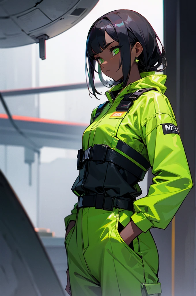 Female,black skin, Green eyes, jumpsuit