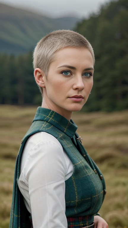 Her name Catherine Bond, Code Name 007,Scott-land-yard, MI-6 member, Front view, (looking at viewer:1.3), Scottish woman, 30 years-old, (blond hair , blue eye, buzz cut, serious),A beautiful Scottish woman wearing traditional Highland dress, including a tartan kilt and accessories like a sporran and sash, standing in a picturesque Scottish landscape. The scene should highlight the elegance and cultural richness of Scottish heritage, ((super detail, high details, high quality, accurate, anatomically correct, textured skin, beautiful fingers super detail, high details, high quality, best quality))