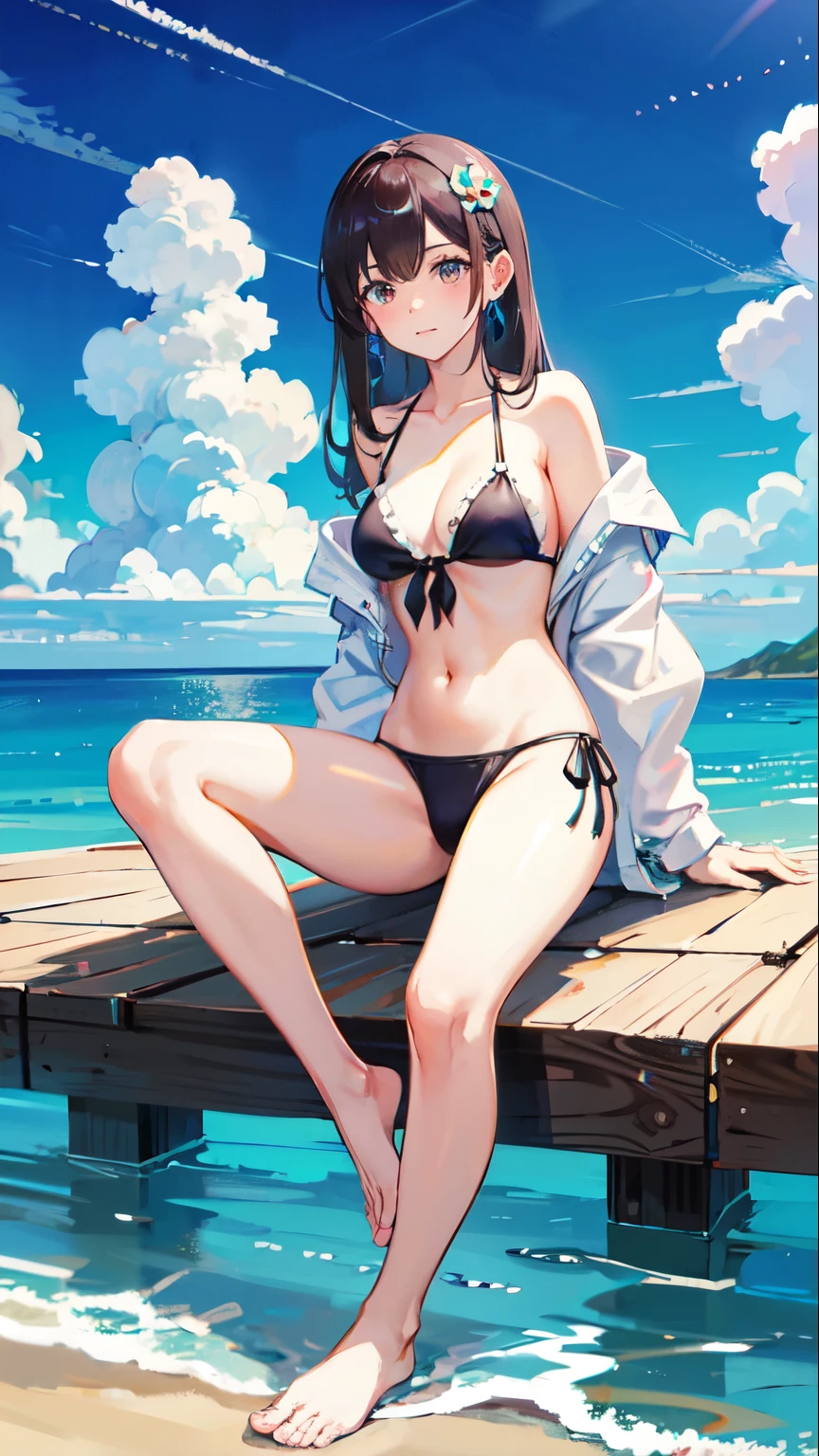 masterpiece, best quality,meteorolite
cloud, swimsuit, 1girl, full body, far shot, bikini, sky, side-tie_bikini, barefoot, breasts, solo, blue_sky, looking_at_viewer, cloudy_sky, blue_bikini, sitting, long_hair, navel, day, front-tie_top, building, front-tie_bikini, off_shoulder, bare_shoulders, legs spread