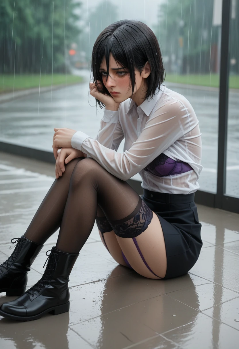 1 girl, Mikasa Ackerman, long black hair, under the rain, shy, blush, white long sleeve shirt, braless, transparent, through the shirt, lace purple bra, short skirt, garter belt, lace purple panties, lace black stockings, long black boots, perfect feet, perfect body, perfect legs, perfect arms, perfect hands, Whole body. sitting on the floor, face resting on knees