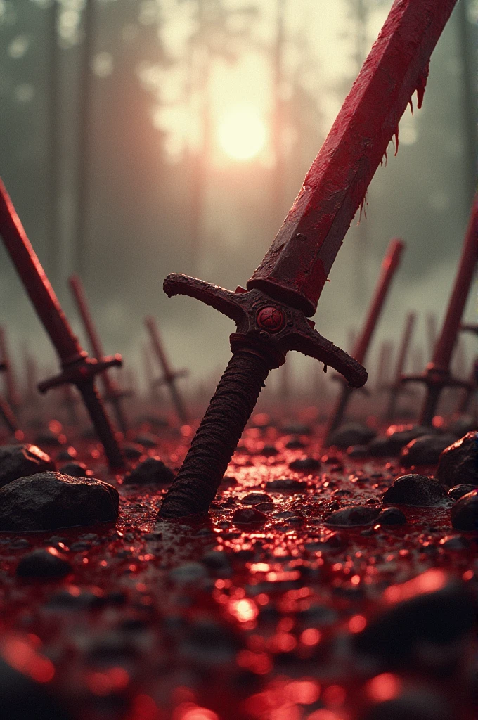 best quality,masterpiece,Ultra-high resolution, (Reality:1.4), RAW photos,War,There is blood all around,A battlefield with broken swords stuck in the ground,Style similar to Attack on Titan