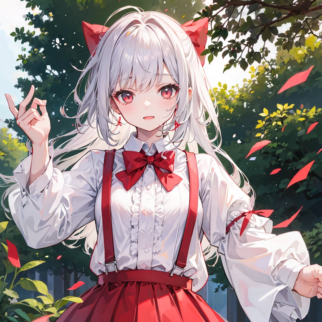 1 Girl, Solitary, Small Breasts, Suspender Skirt, White shirt, Red bow tie, Happy