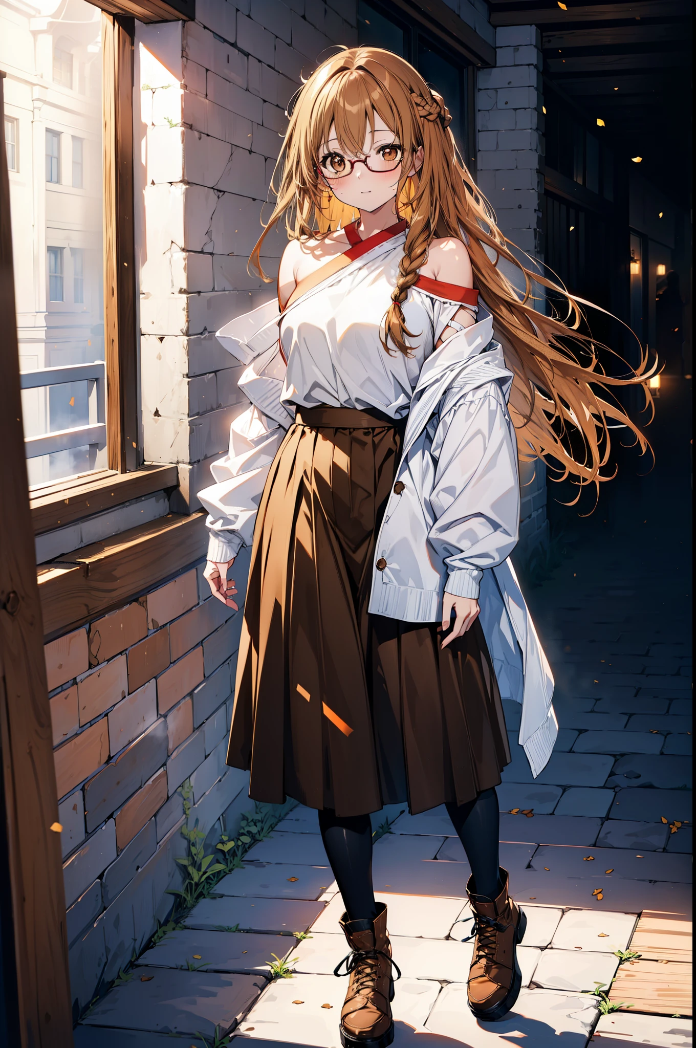 a sun ayuuki, a sun a yuuki, Long Hair, Brown Hair, (Brown eyes:1.8),smile,blush,Long braids,Black-rimmed glasses,Red one-shoulder sweater,Long skirt,Black pantyhose,short boots,Daytime,Clear skies,Walking,whole bodyがイラストに入るように,
break outdoors, Building district,
break looking at viewer, whole body,
break (masterpiece:1.2), Highest quality, High resolution, unity 8k wallpaper, (figure:0.8), (Beautiful attention to detail:1.6), Highly detailed face, Perfect lighting, Highly detailed CG, (Perfect hands, Perfect Anatomy),