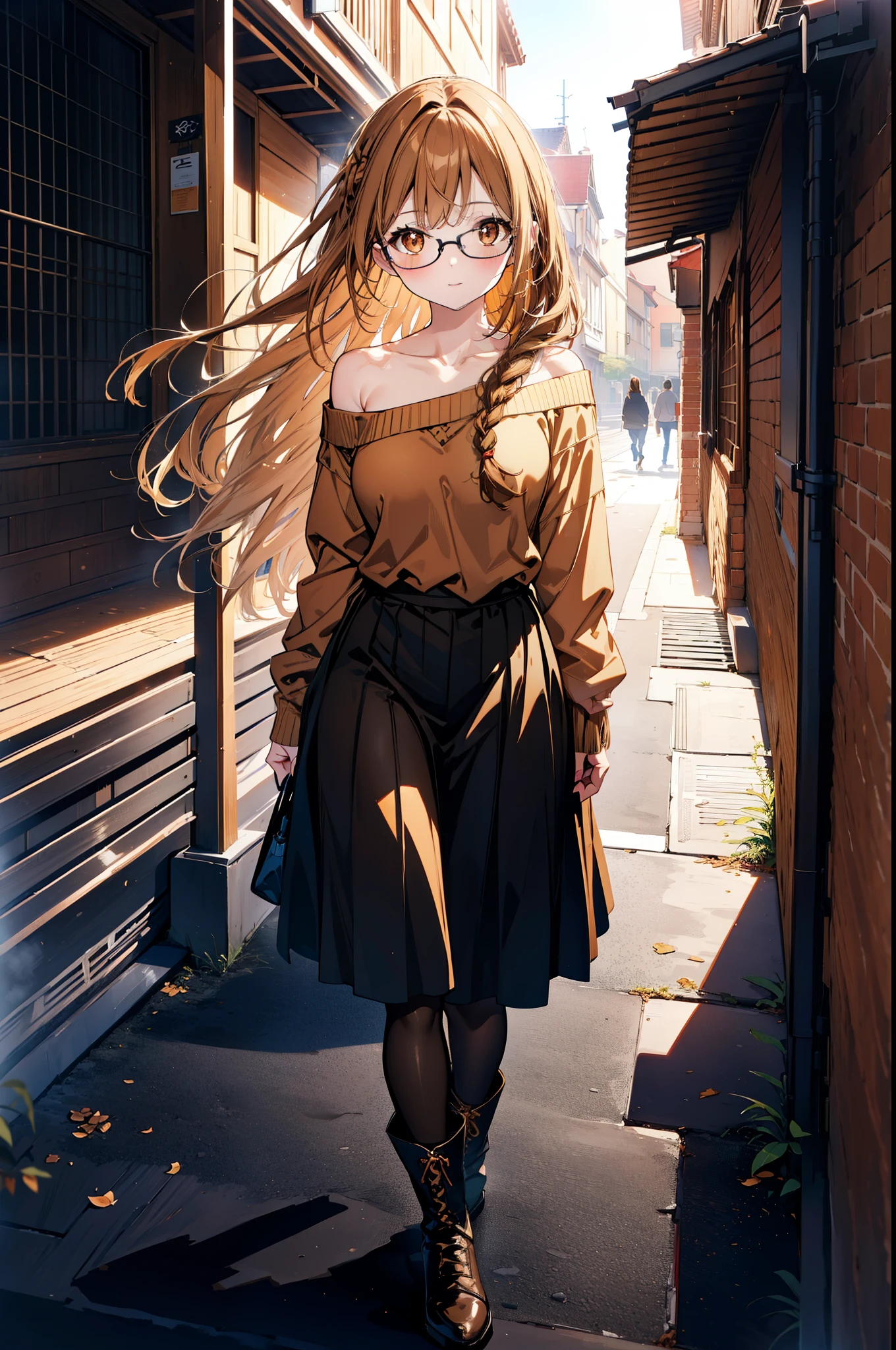 a sun ayuuki, a sun a yuuki, Long Hair, Brown Hair, (Brown eyes:1.8),smile,blush,Long braids,Black-rimmed glasses,Red one-shoulder sweater,Long skirt,Black pantyhose,short boots,Daytime,Clear skies,Walking,whole bodyがイラストに入るように,
break outdoors, Building district,
break looking at viewer, whole body,
break (masterpiece:1.2), Highest quality, High resolution, unity 8k wallpaper, (figure:0.8), (Beautiful attention to detail:1.6), Highly detailed face, Perfect lighting, Highly detailed CG, (Perfect hands, Perfect Anatomy),