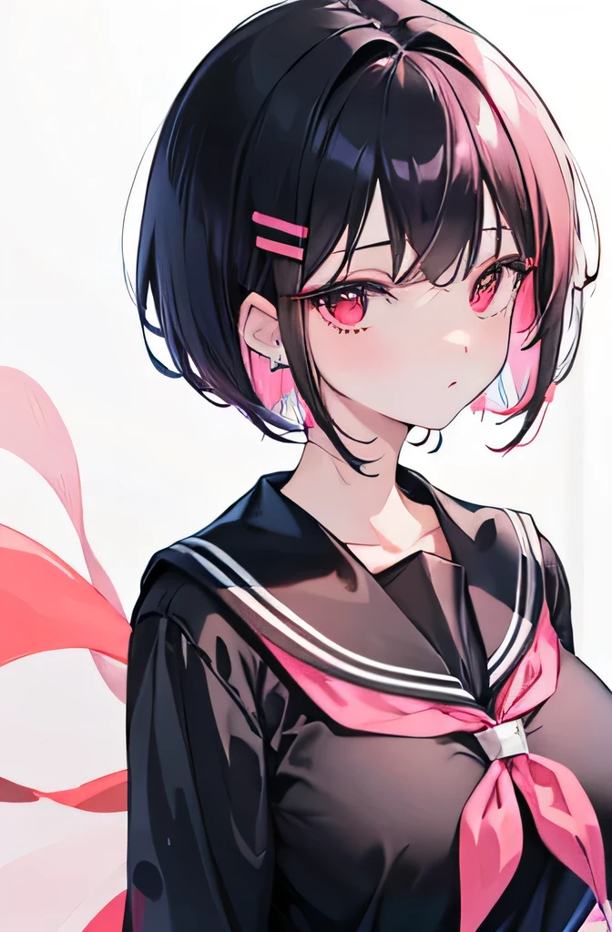 Anime, girl, age, hime-cut, short hair, black hair, red eyes, cool, earrings, night, highlights pink under hair, big boobxy-cutfull-bodied, school uniform, licking the lollipop, hair clips,