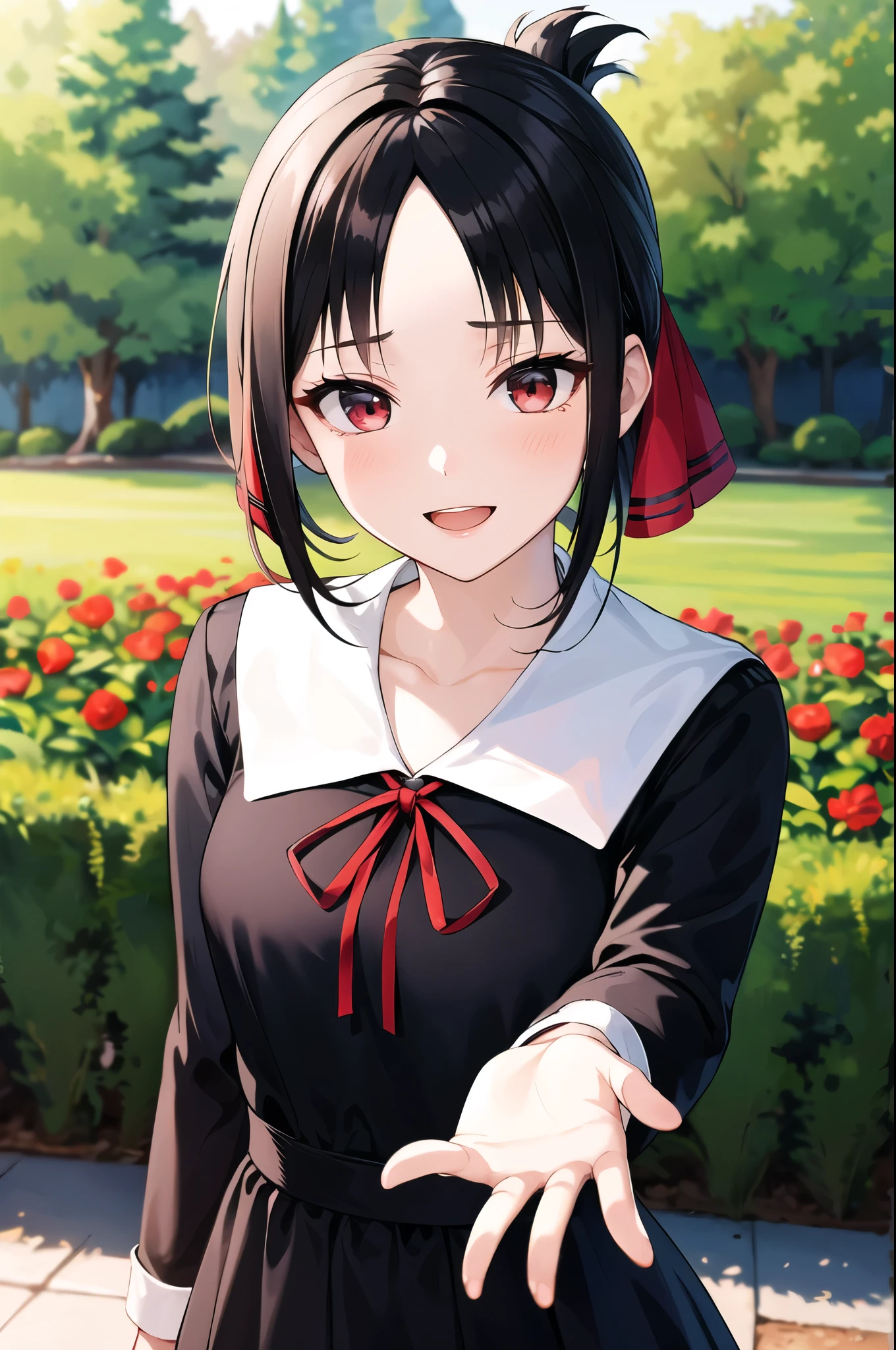 masterpiece, best quality, high resolution, your, short hair, Ponytail, Headband, partedbangs, Neck strap, Red belt, Black skirt, Black shirt, Long sleeve, Black sleeves, Lend a helping hand, Smile, open mouth, garden